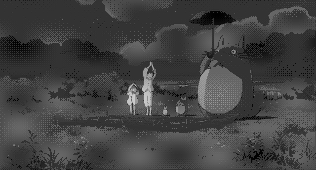 A dithered, grayscale screenshot of the scene from My Neighbor Totoro where the girls and totoros make the seeds they planted grow